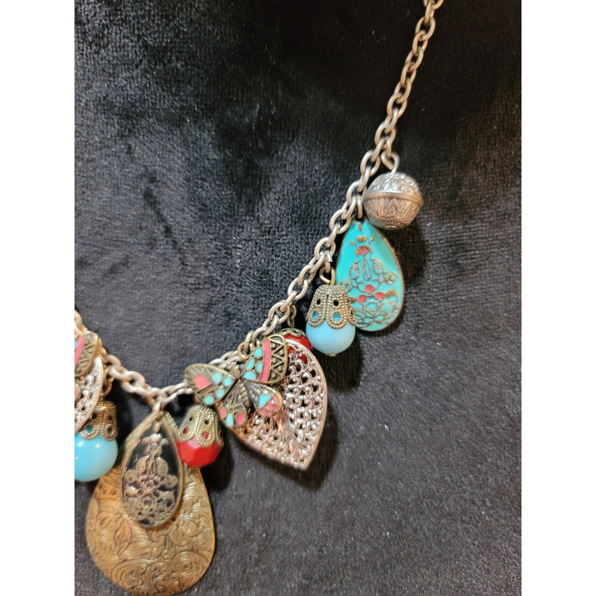 Women's Bohemian Vintage Butterfly Pendant Necklace With Red And Turquoise Beads