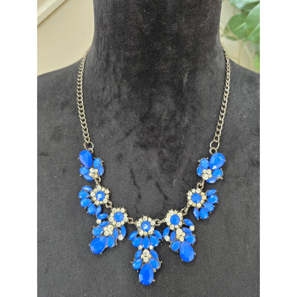 Royal Blue Rhinestone Crystal Floral Bib Statement Necklace
