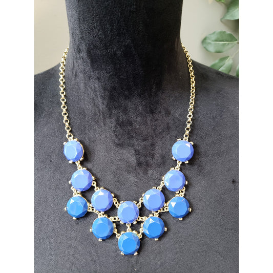 Women's Blue Statement Necklace Faceted Beads Gold Chain Lobster Clasp Bold Look