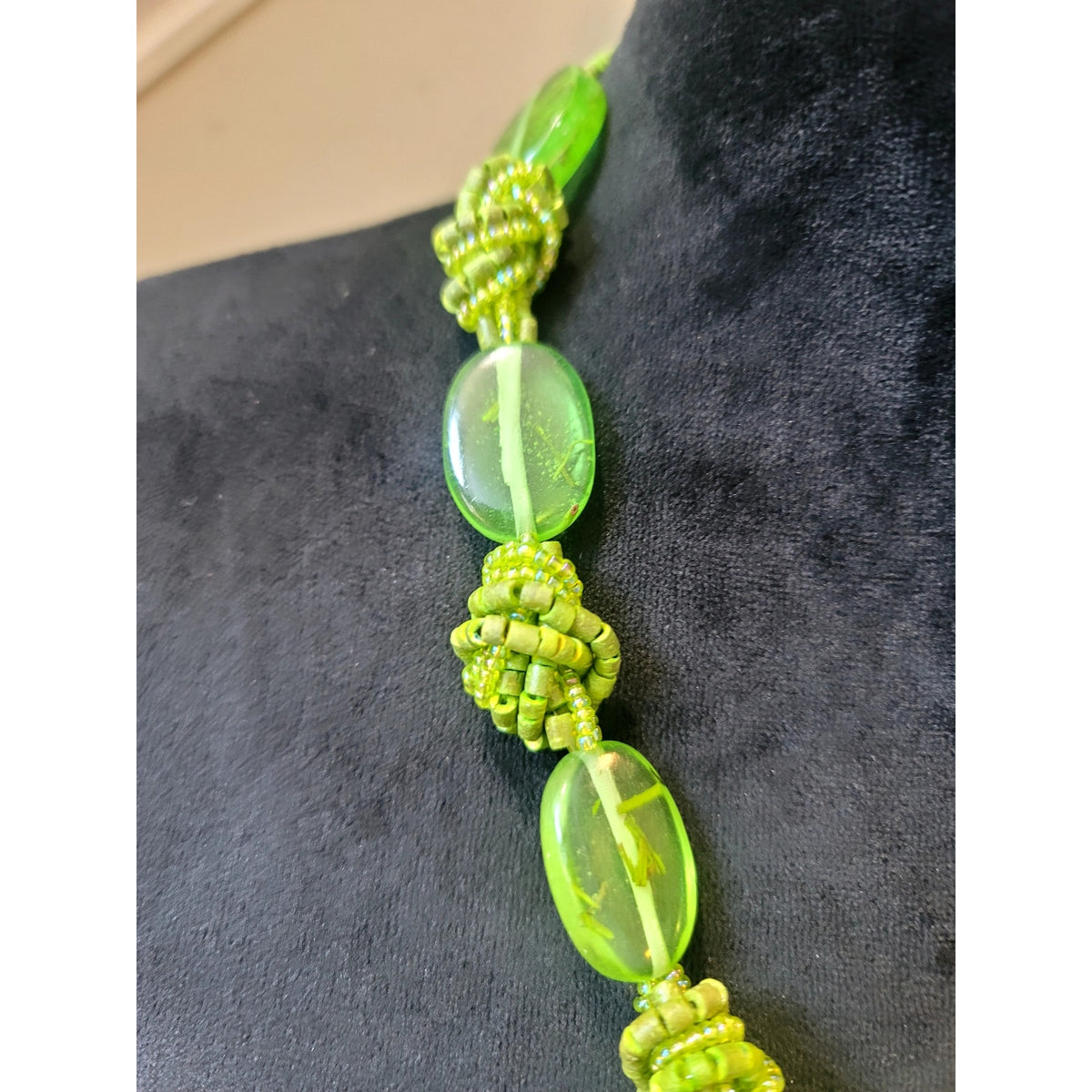 Lime Green Acrylic Oval Bead Statement Necklace Knotted Cord Chunky Boho