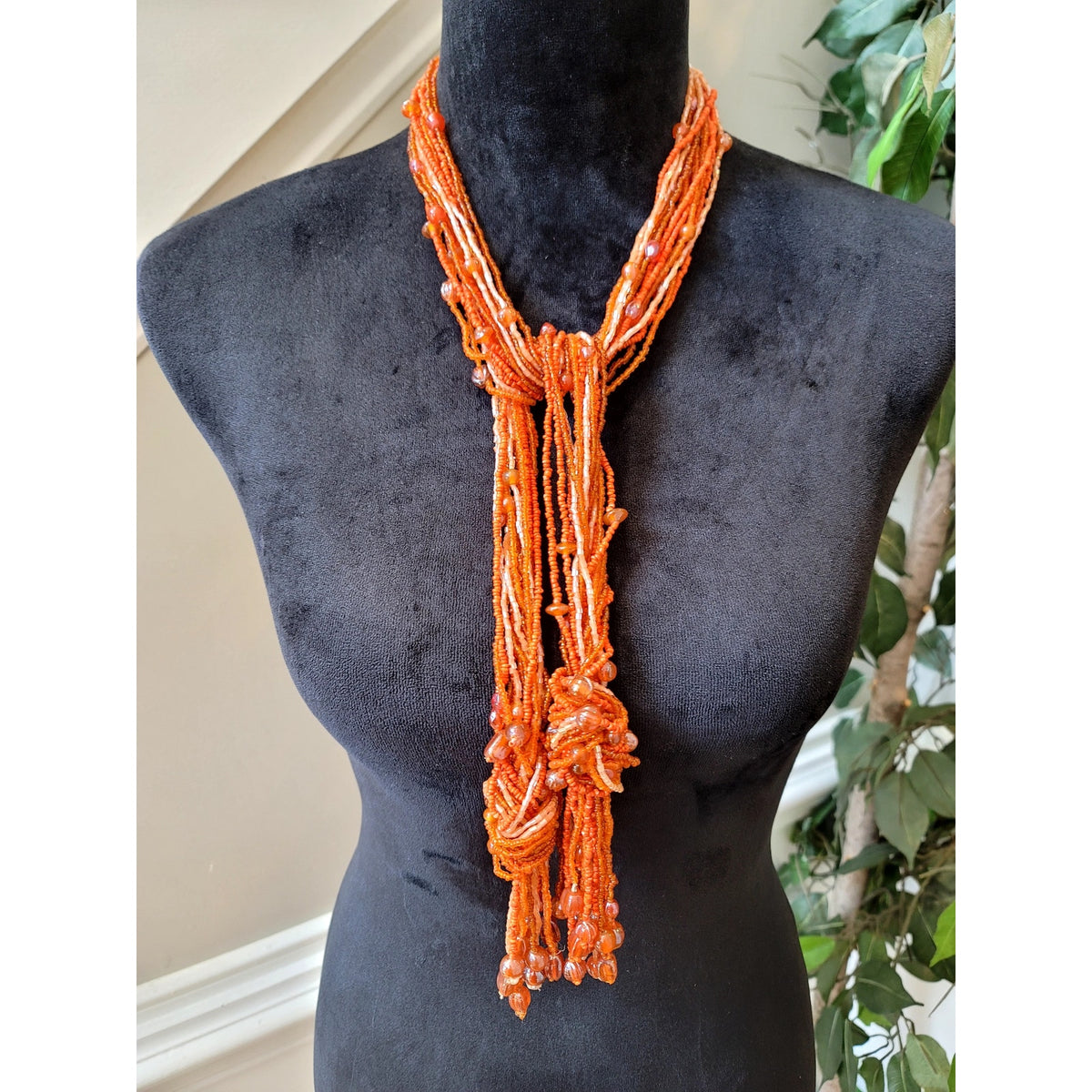 Vintage Orange Multi Strand Beaded Tassel Necklace Boho Statement Fringe Bib