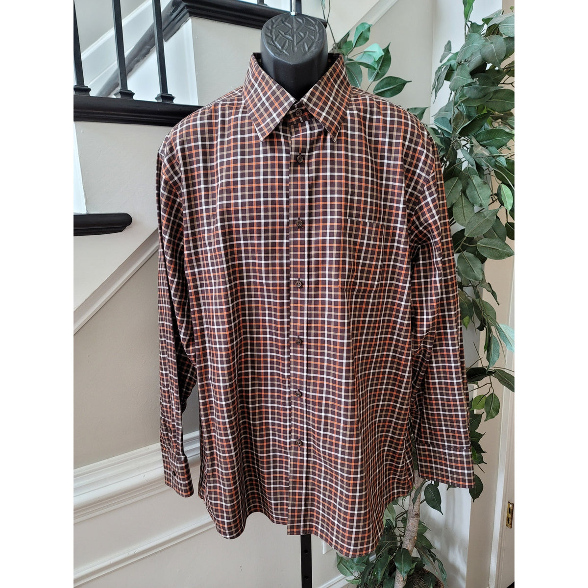 Neiman Marcus Button-Down Shirt Men's Size X-Large Brown 100% Cotton Long Sleeve