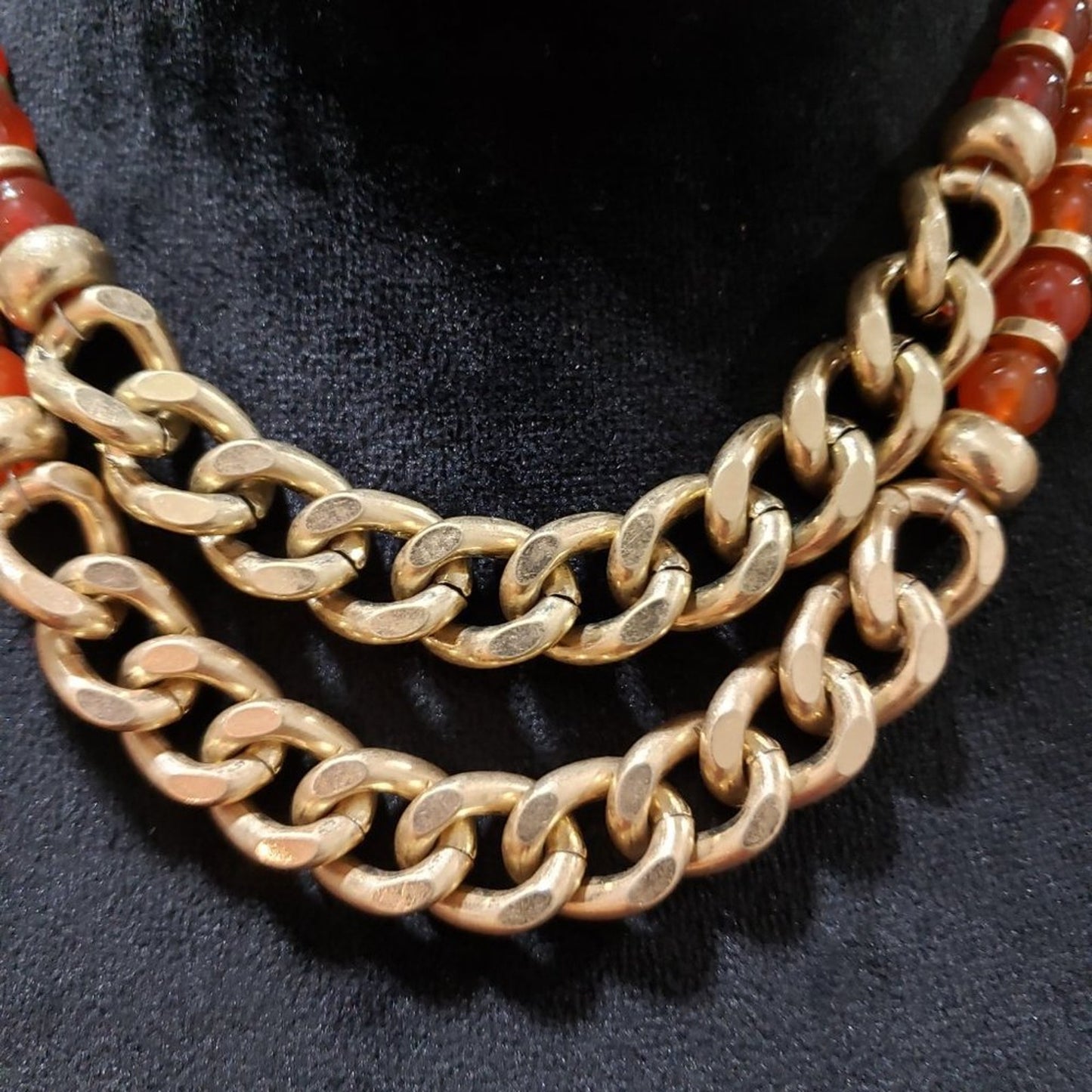 Women Fashion Red Bead Chunky Gold Curb Chain Collar Necklace with Lobster Clasp