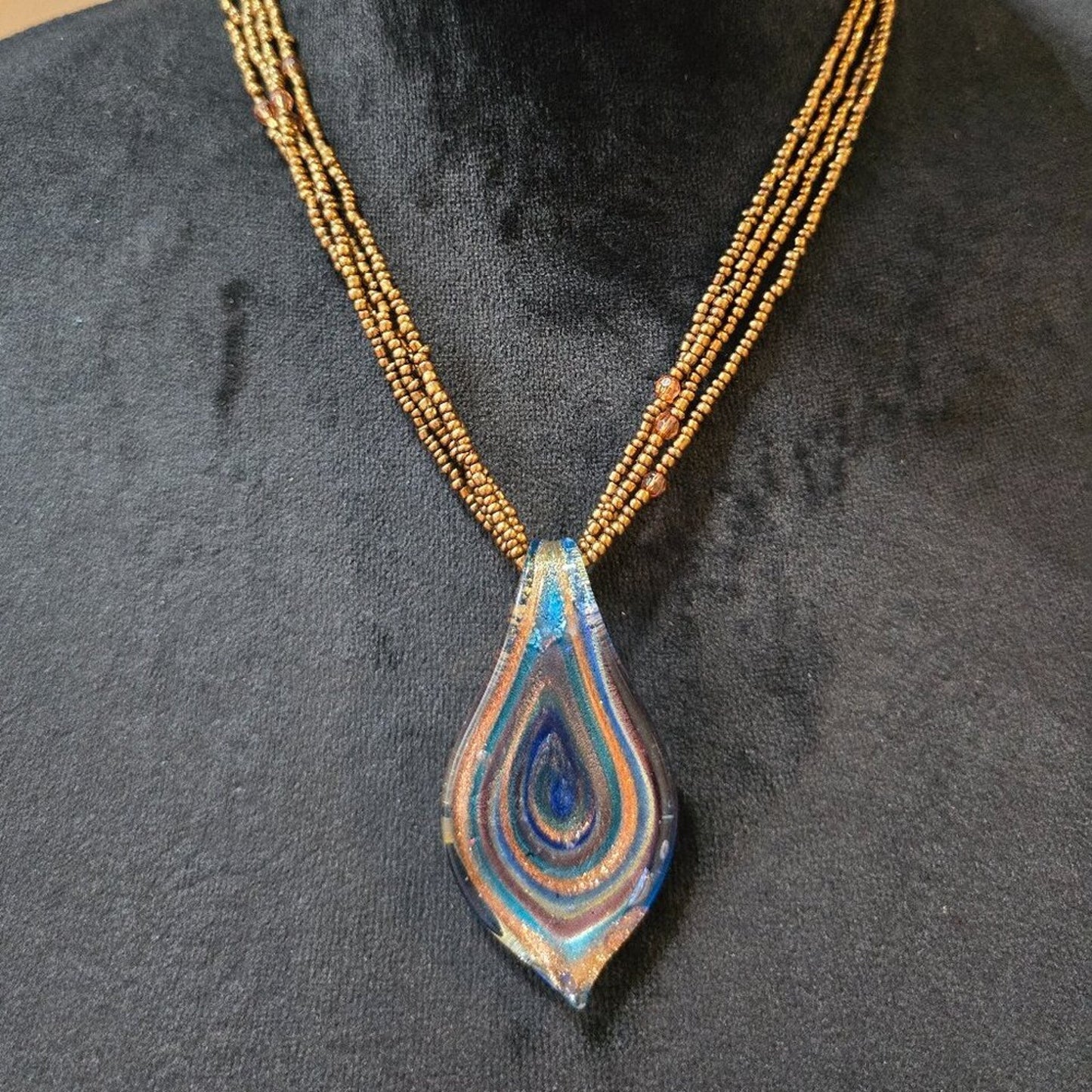 Women's Gold Seed Bead Swirl Leaf Teardrop Shaped Art Glass Pendant Necklace