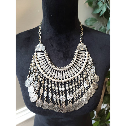 Women's Boho Statement Coin Bib Necklace Antique Silver Lobster Clasp Tribal