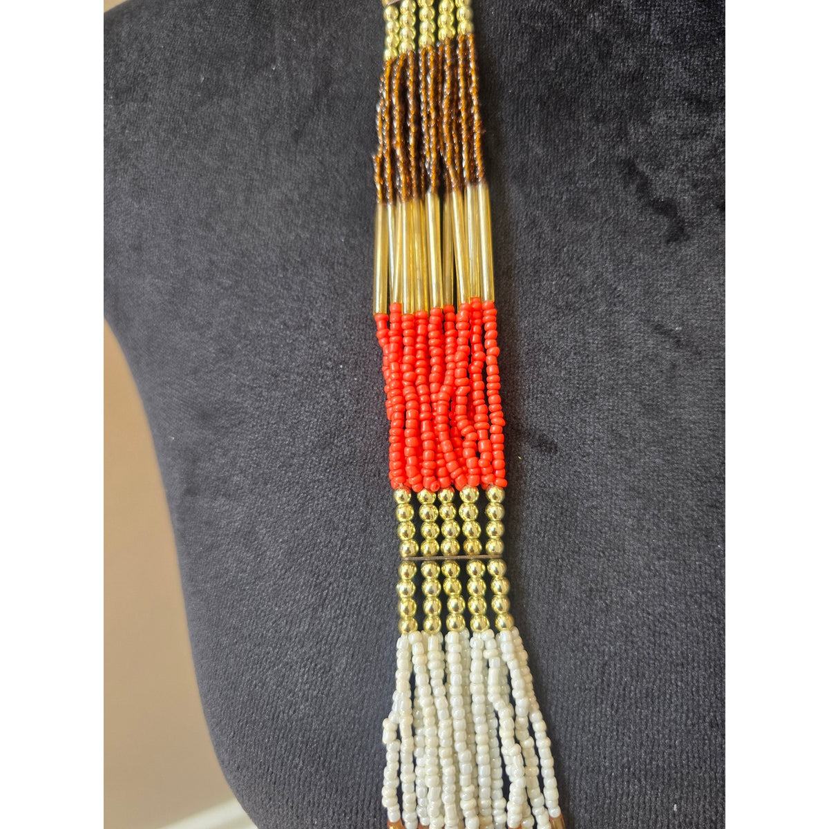 Red White Brown Multi Strand Seed Bead Long Statement Necklace