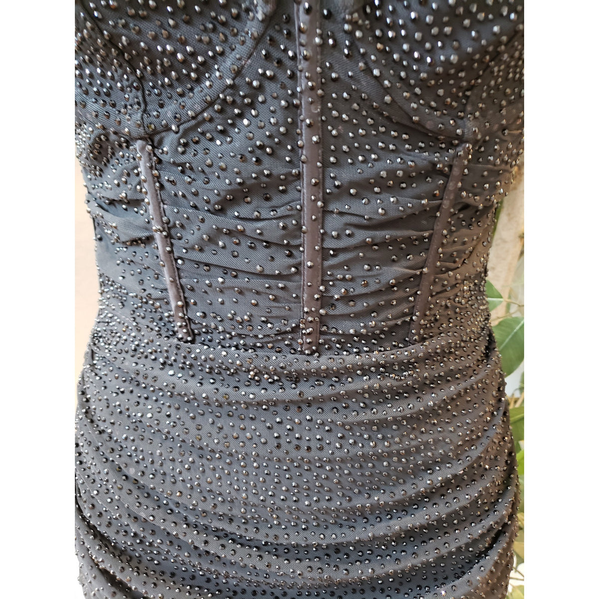 Oh Polly Mini Bodycon Dress Women's Size 4 Black Sheer Embellished Scoop Neck