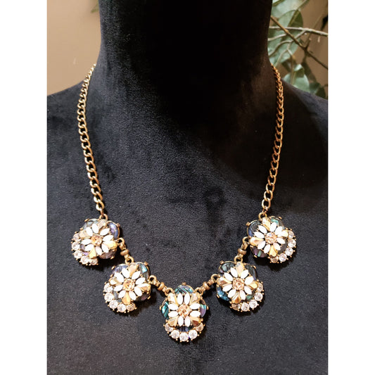 Womens Fashion Gold Tone Encrusted Crystal Acrylic Rhinestone Floral Necklace