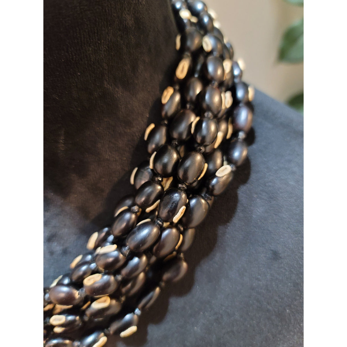 Women's Multi Strand Black Seed Bead Necklace With Loop Button Closure