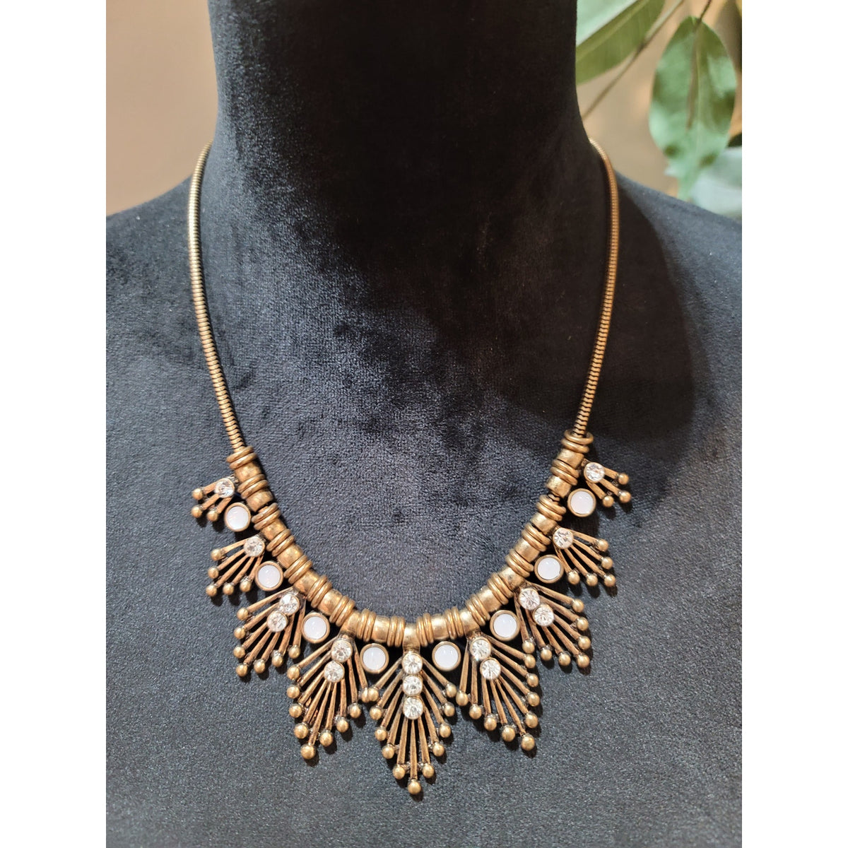 Women's Antique Gold Statement Necklace With White Stones And Lobster Clasp Lock