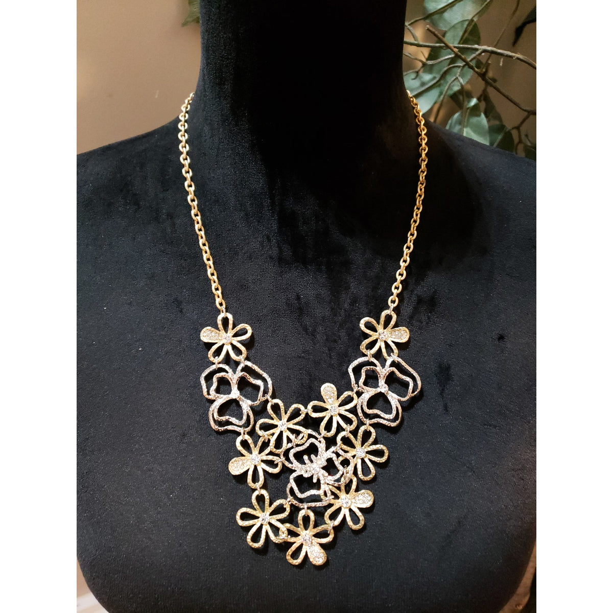 Womens Two Tone Encrusted Crystal Hollow Out Metal Flowers Statement Necklace