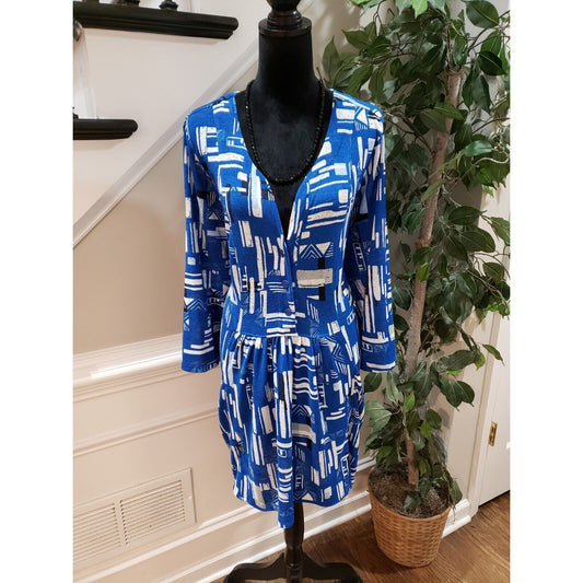Zim & Zoe Womens Blue White Polyester V-Neck Long Sleeve Knee Length Dress 26/28