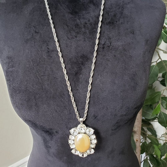Traci Lynn Silver Tone Faux Pearl Rhinestone Pendant Necklace with Lobster Clasp
