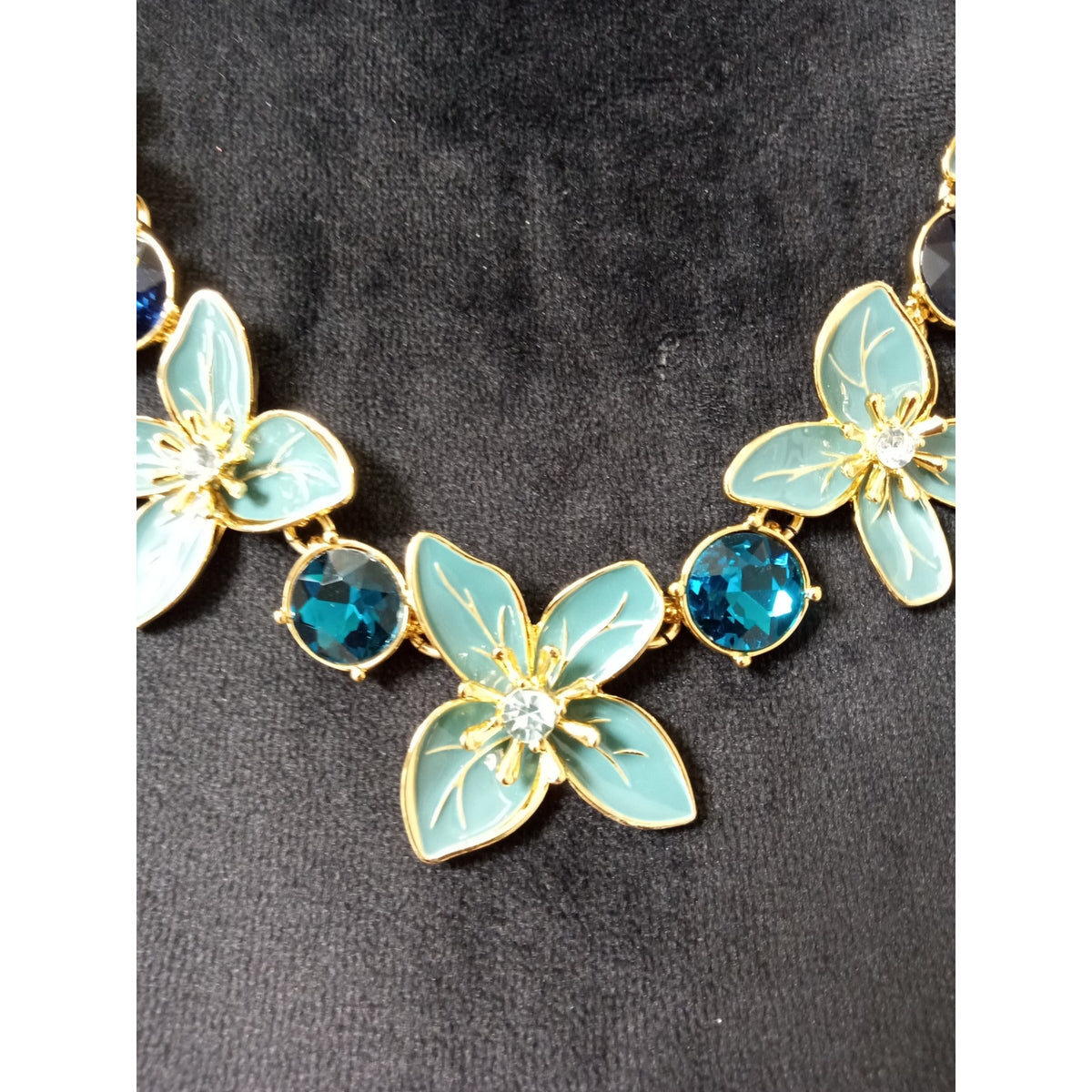 Blue Enamel Flower Rhinestone Statement Necklace Gold Tone Floral Bib Wedding