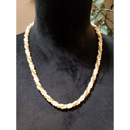 Womens Multi Strand Faux Pearls & Golden Chain Twisted Beaded Necklace Jewelry