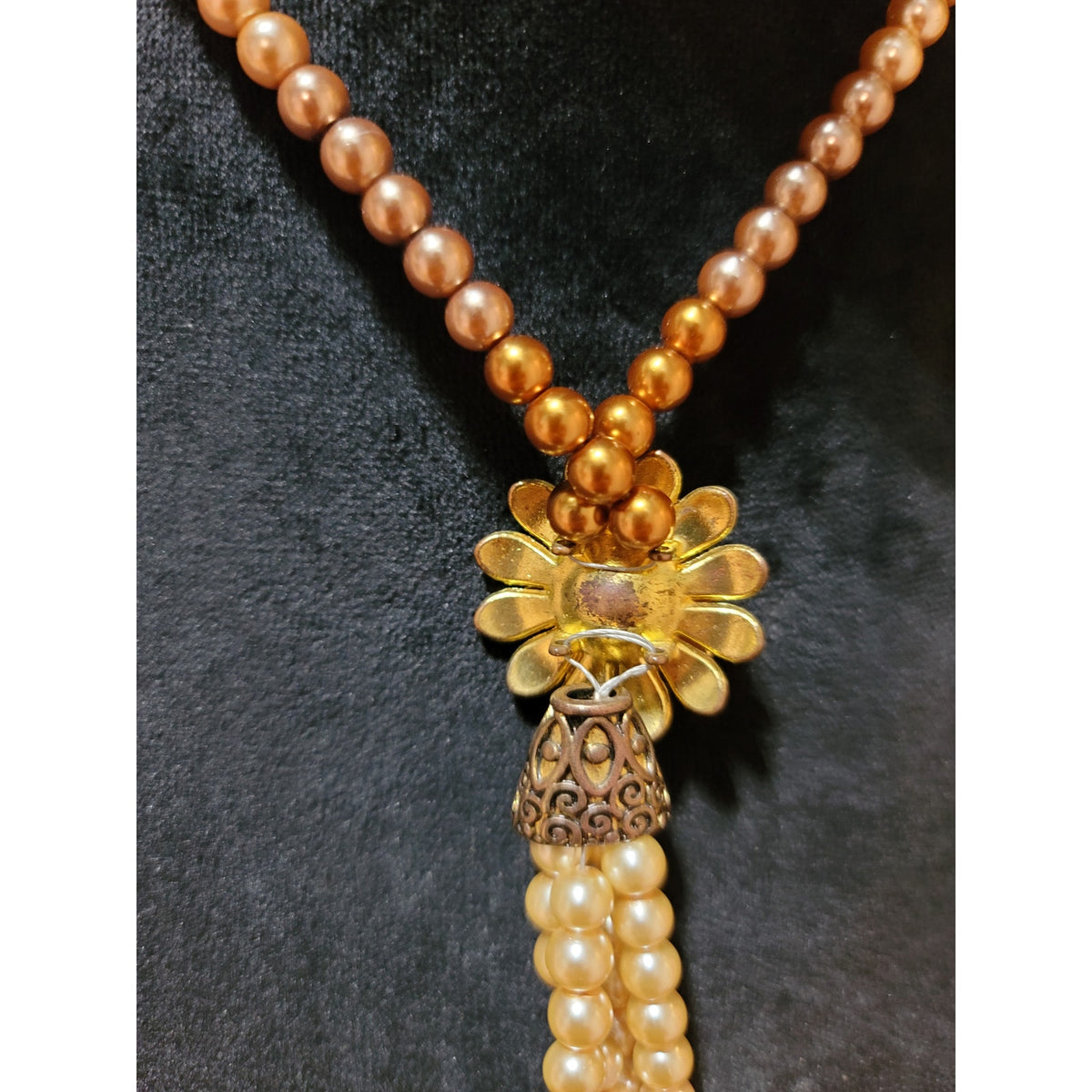Women's Multitone Pearl Tassel Necklace With Floral Pendant And Box Clasp Design