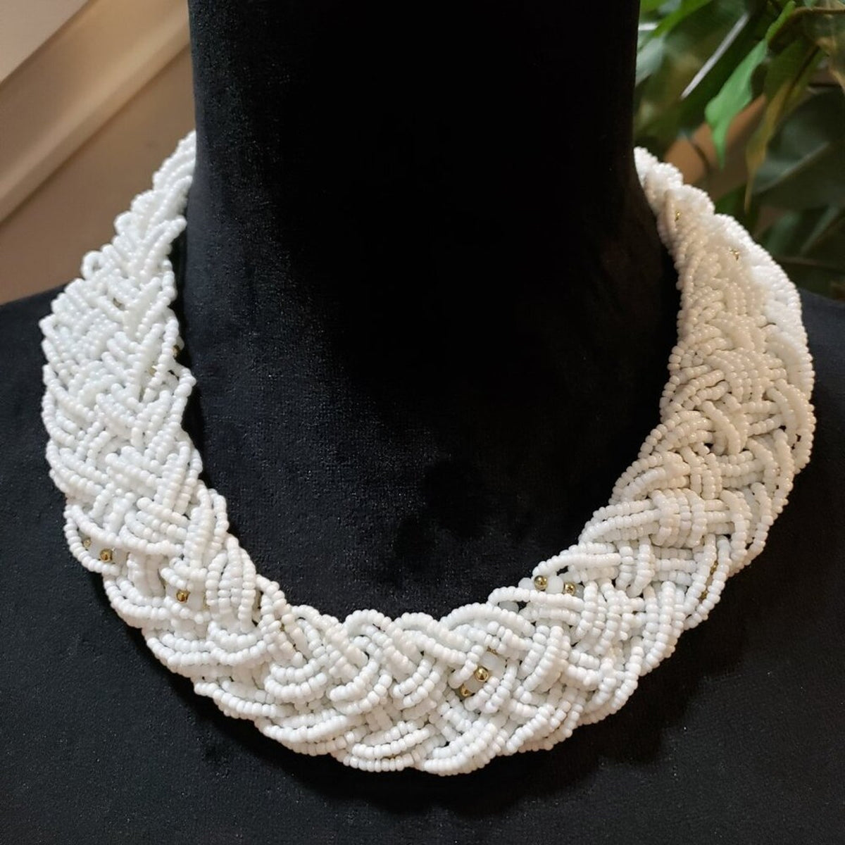 Womens White Braided Seed Beaded Multiple Layers Necklace with Lobster Clasp