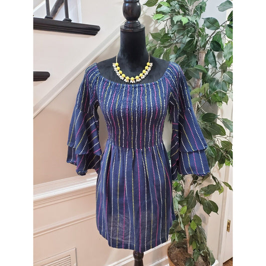 Mud Pie Women's Blue Striped Cotton Long Ruffle Sleeve Knee Length Dress Size M