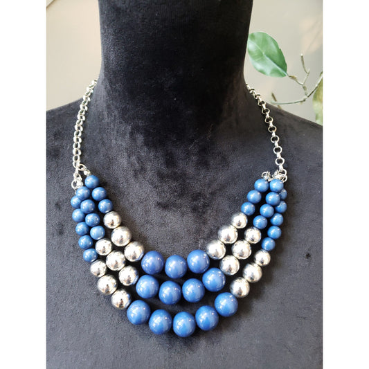 Women's Blue Silver Beaded Statement Necklace Lobster Clasp Layered Chunky