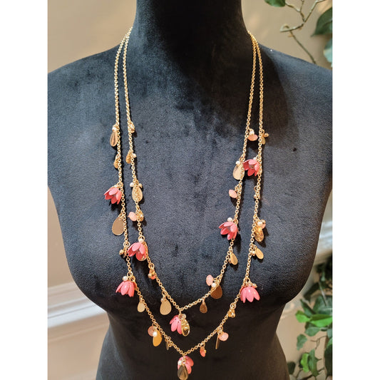 Women's Gold Necklace with Delicate Pink Flowers and Lock Closure 1946 Design