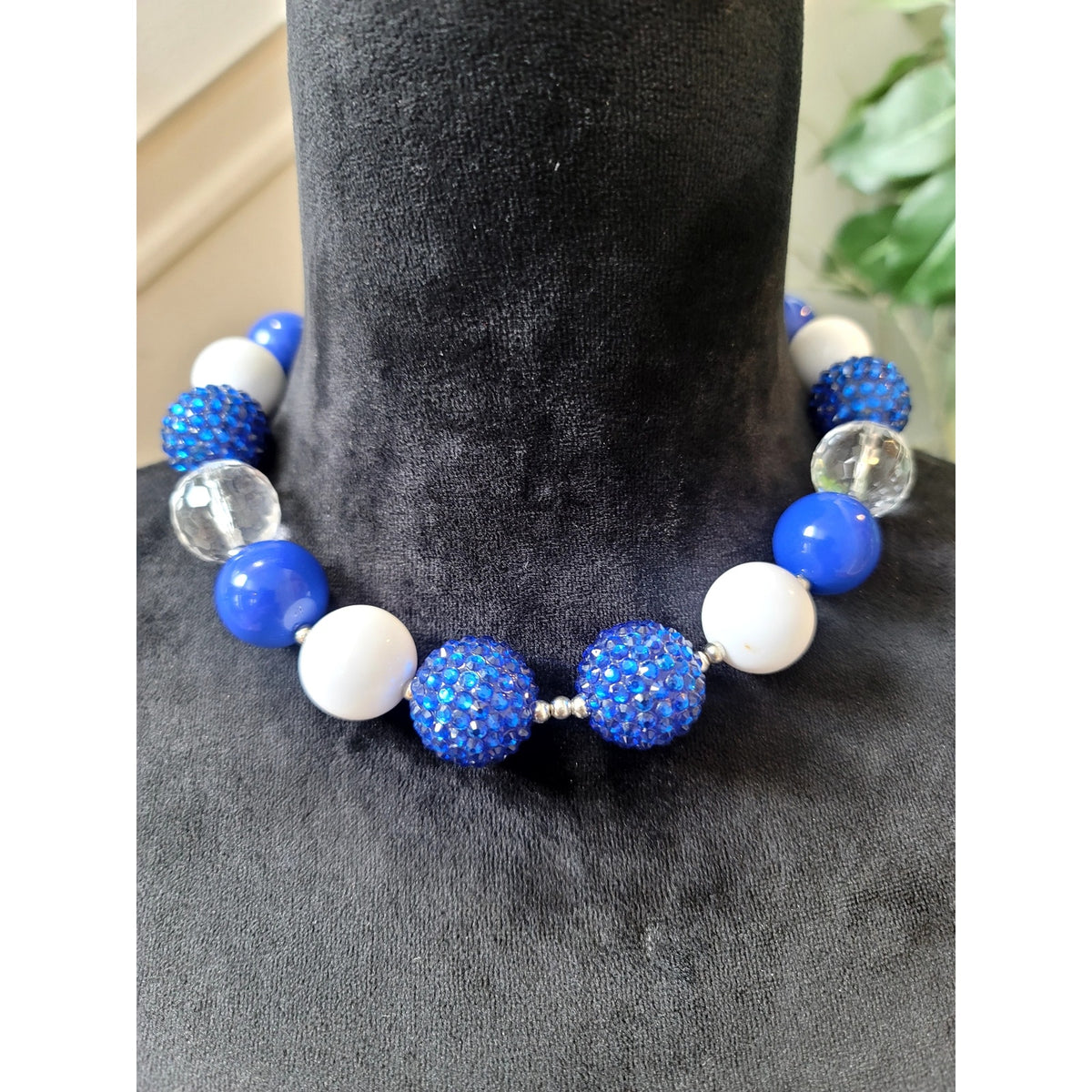 Blue White Crystal Chunky Beaded Acrylic Statement Necklace