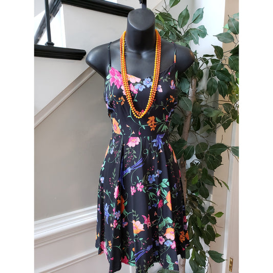 Old Navy Fit & Flare Dress Womens Small Black Floral Rayon Sleeveless Scoop Neck