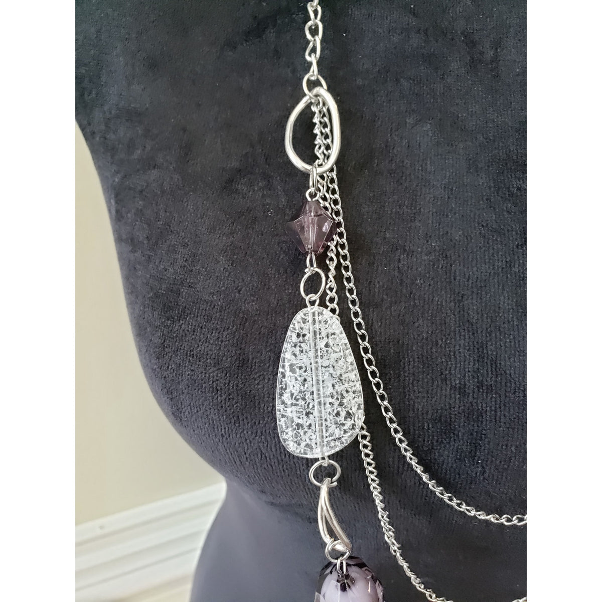 Womens Silver Tone Three Strand Faceted Purple Crystal Beads Statement Necklace