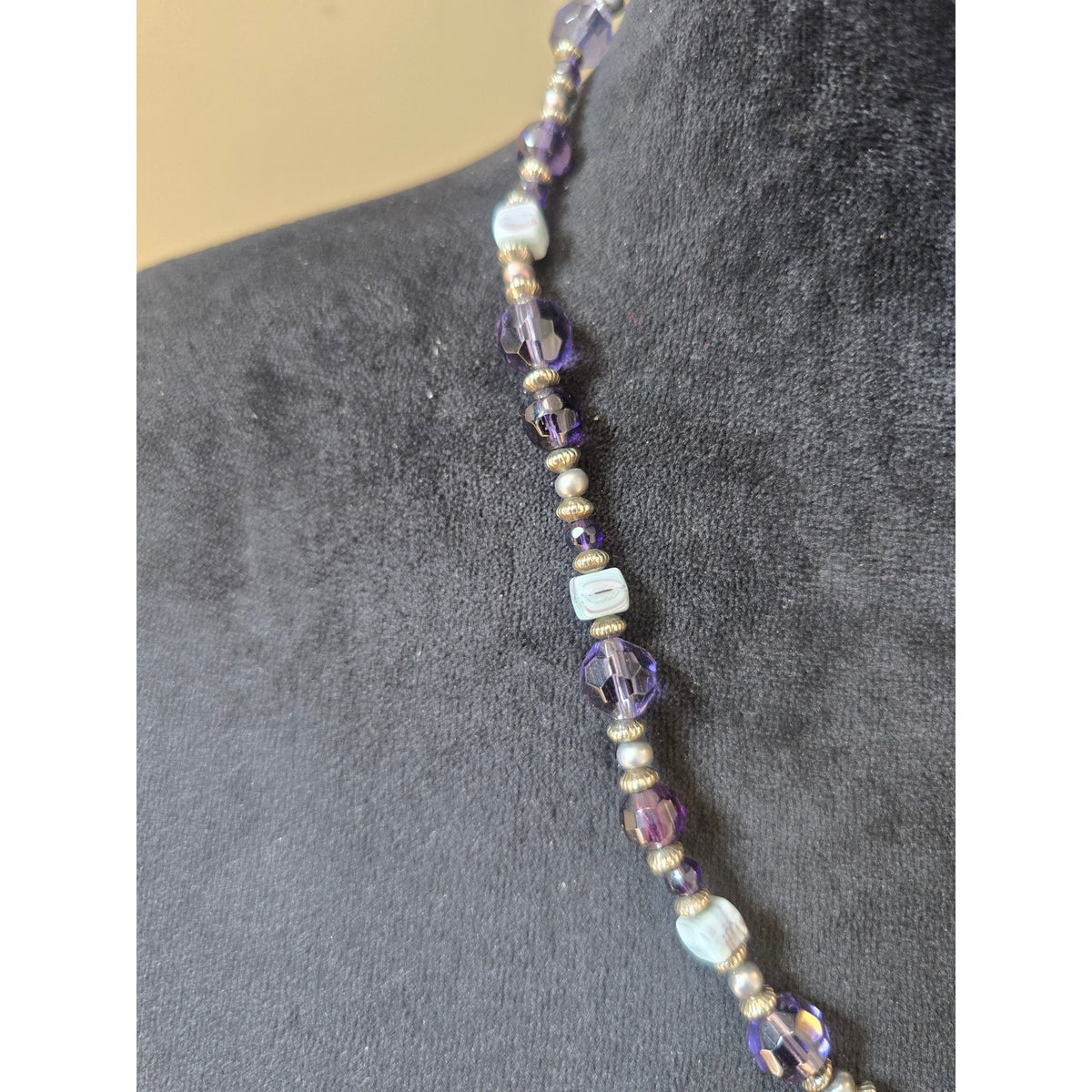 Purple Silver Tone Beaded Necklace Glass Style Beads Boho Fashion Jewelry
