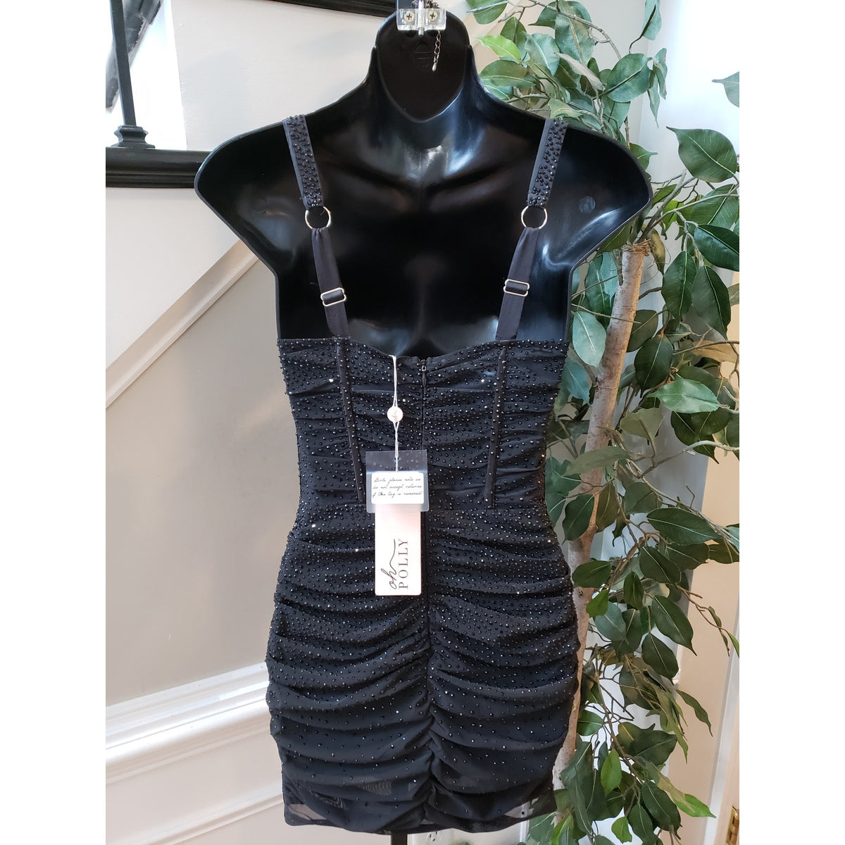 Oh Polly Mini Bodycon Dress Women's Size 4 Black Sheer Embellished Scoop Neck