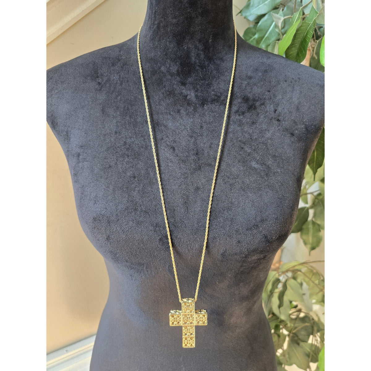 Gold Tone Rhinestone Cross Pendant Long Necklace Religious Statement Jewelry
