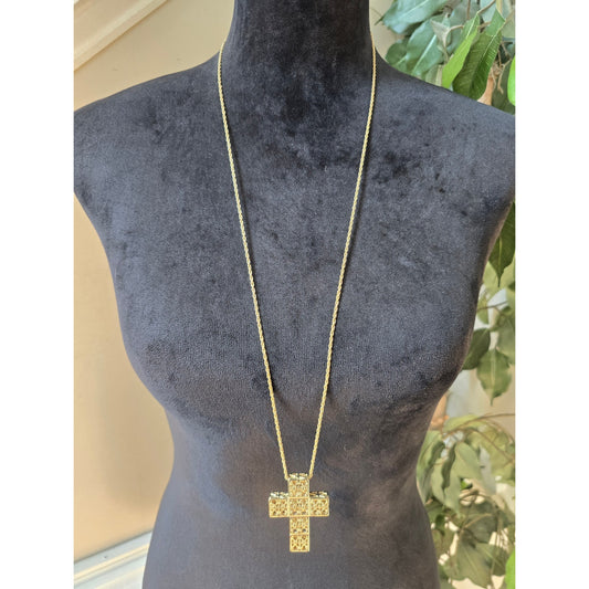 Gold Tone Rhinestone Cross Pendant Long Necklace Religious Statement Jewelry