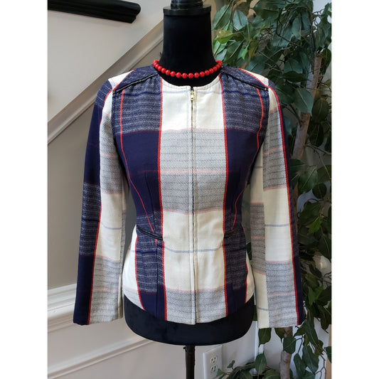 Merona Blazer Jacket Women XS Beige Blue Career Plaid Lined Long Sleeve Full Zip