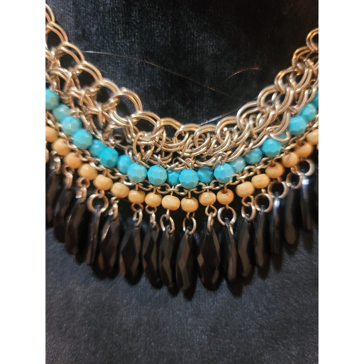 Women Statement Necklace With Turquoise Beads Black Drops And Lobster Clasp Lock