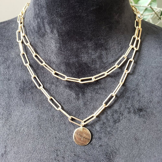Women Jewelry Gold Tone 2 Strand Paperclip Chain Round Charm Necklace w/ Lobster
