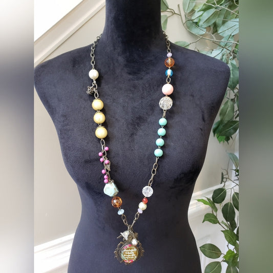Womens Multi Tone Multiple Beaded Crystal Pendant Boho Chain Necklace Jewelry