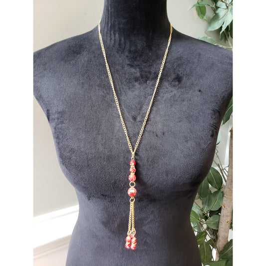 Women's Gold Chain Necklace Red Beaded Drop Pendant Lobster Clasp Jewelry