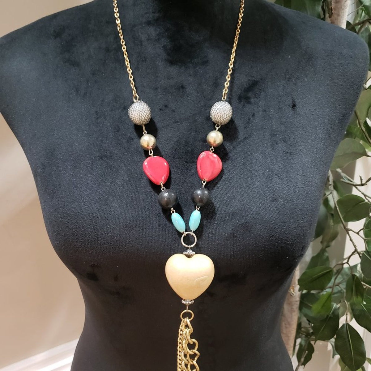 Womens Fashion Multicolor Stone Beads Heart Charm Long Pendant Necklace