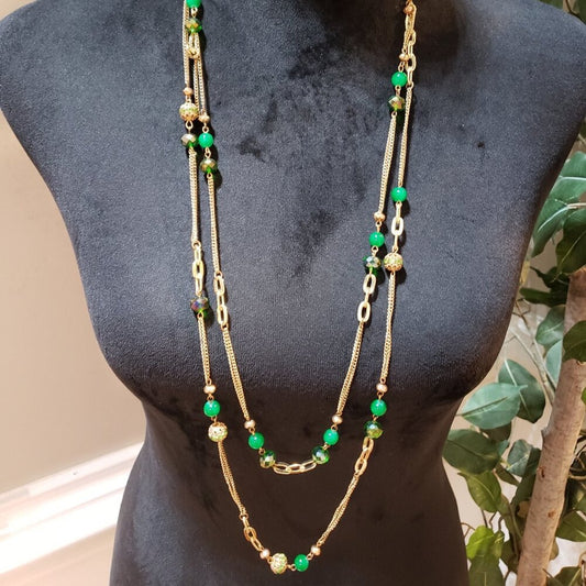 Women Gold Tone 2 Strand Green Emerald Beads Metal Faceted Bowl Station Necklace