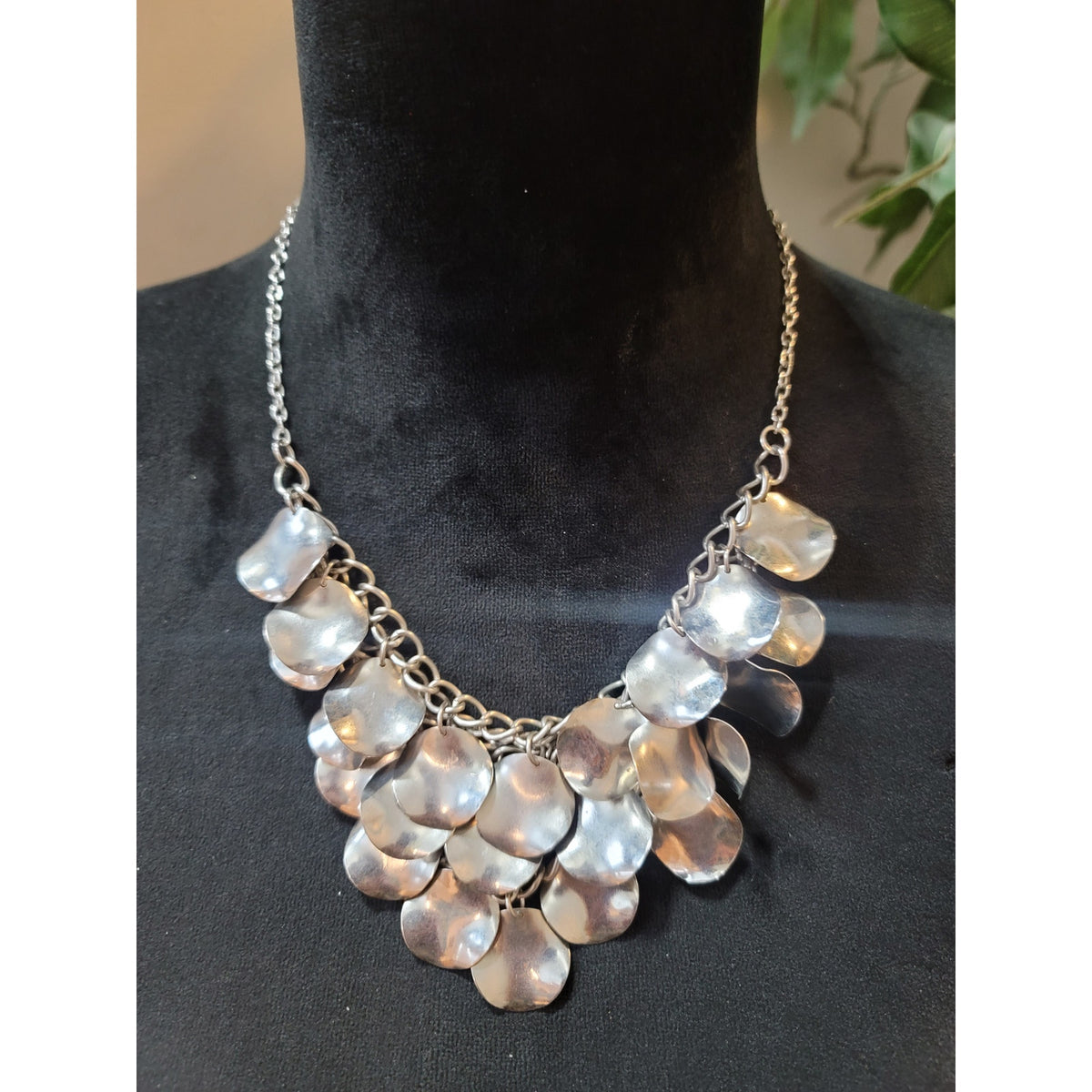 Women's Silver Tone Statement Bib Necklace Layered Hammered Discs Chain