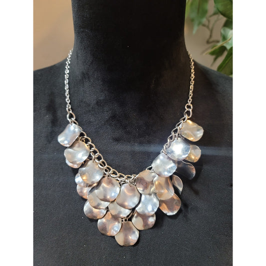 Women's Silver Tone Statement Bib Necklace Layered Hammered Discs Chain
