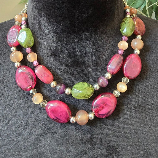 Womens Fashion Multicolor Crystal Beaded 2 Layered Necklace with Lobster Clasp