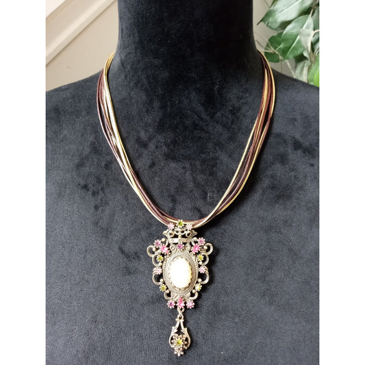 Vintage Floral Cameo Style Pendant Necklace Ribbon Cord Rhinestone Accent
