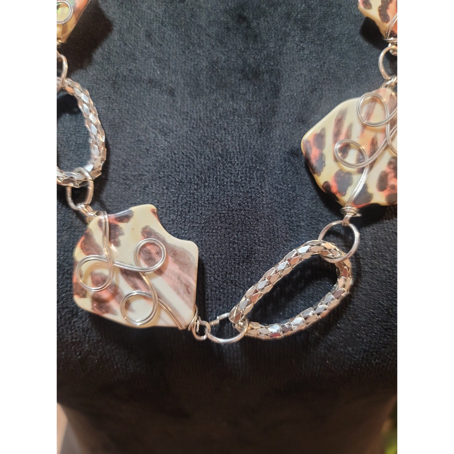 Women's Statement Necklace With Leopard Print Beads And Silver Chain Links