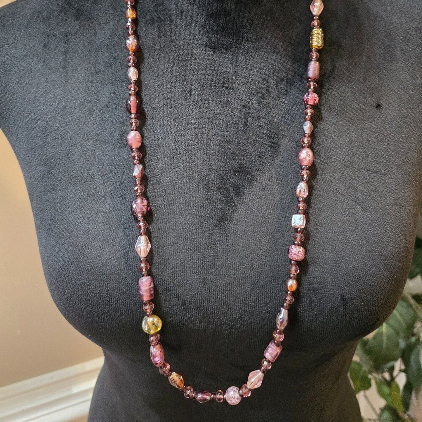 Women Fashion Pink Tourmaline & Ceramic Beaded Long Necklace with Lobster Clasp