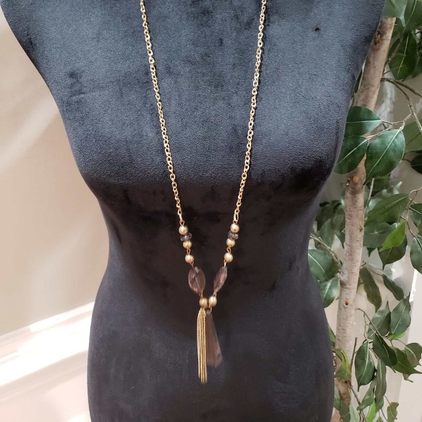 Women Fashion Gold Tone Beads Crystal Pendulum Pendant Necklace w/ Lobster Clasp