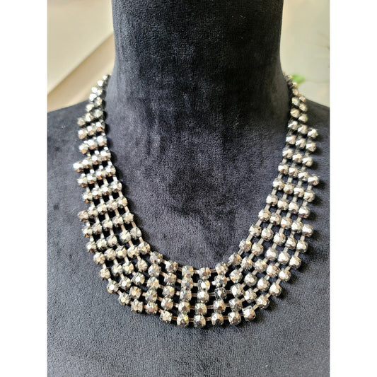 Vintage Silver Tone Rhinestone Bib Necklace Statement Collar Glam Jewelry