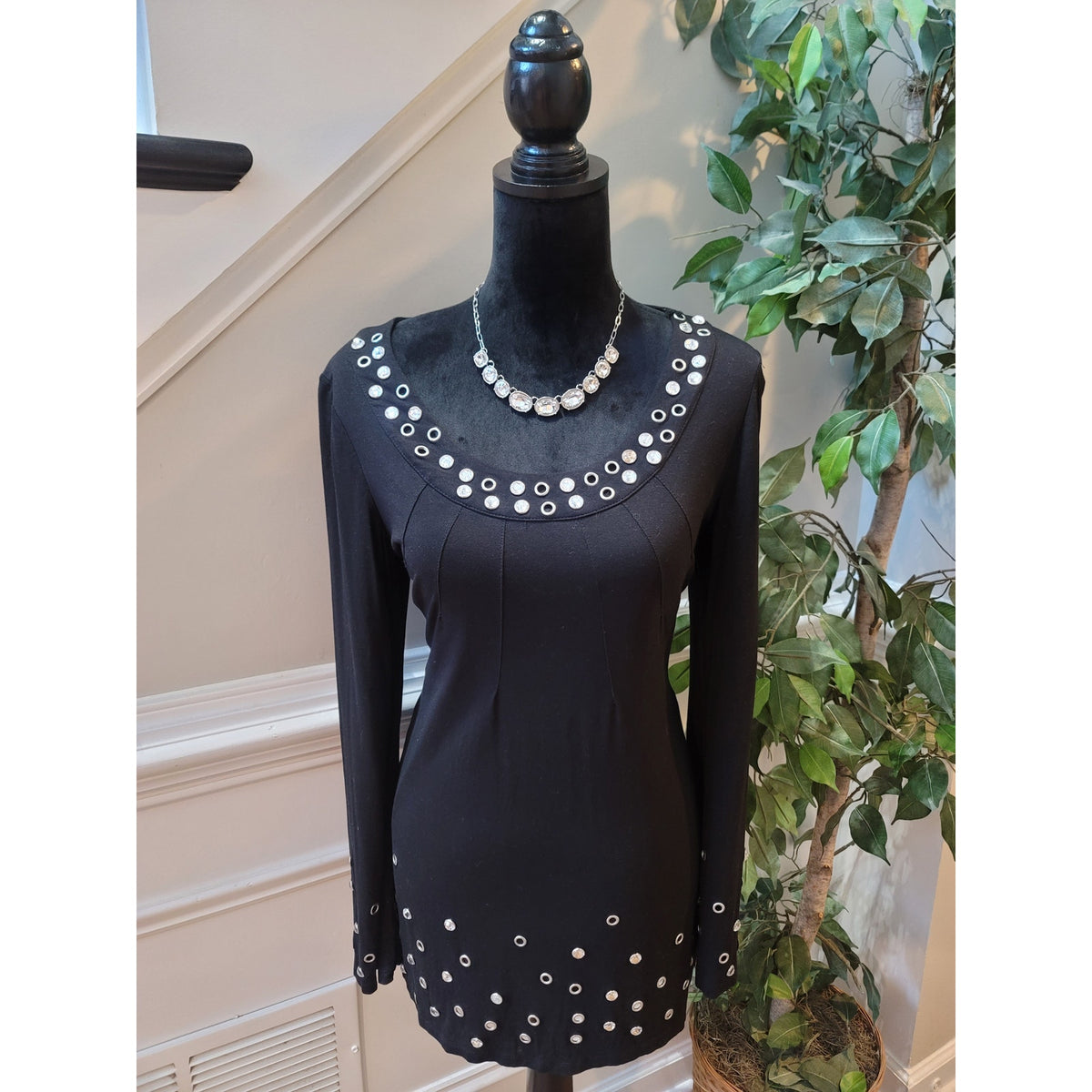INC International Concepts Blouse L Black Rhinestone Grommet Embellished Scoop