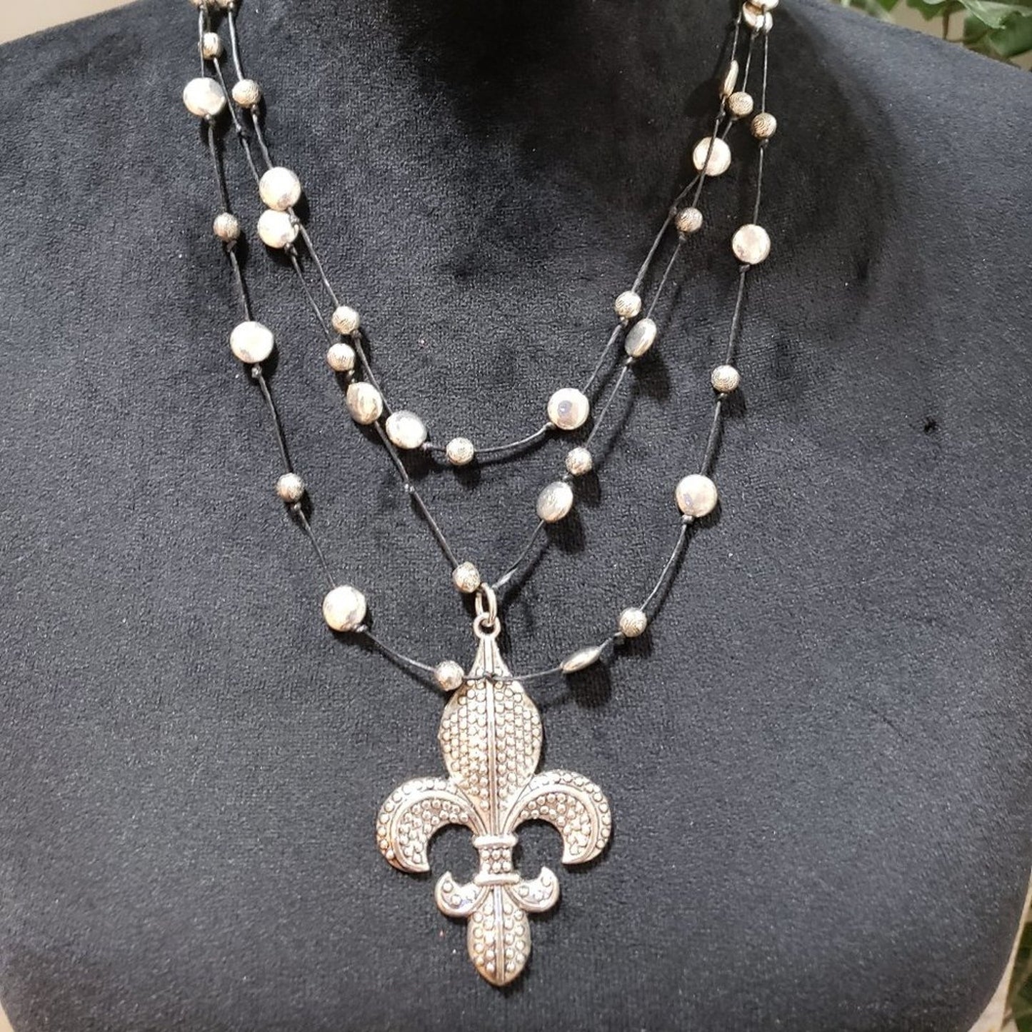 Womens Fashion Fleur-De-Lis Pendant Silver 3 Strand Necklace with Button Clasp
