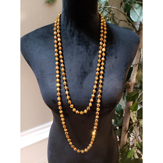 Womens Fashion Hand-Knotted Golden Faceted Glass Beaded Long Necklace Jewelry