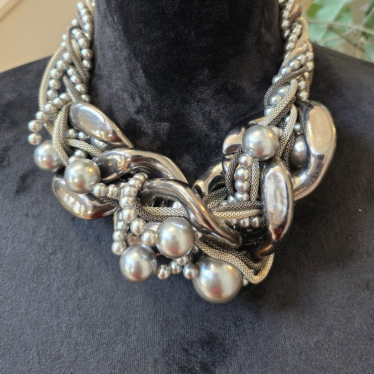 Women Silver Tone Imitation Pearl Multi Strand Braided Necklace w/ Lobster Clasp